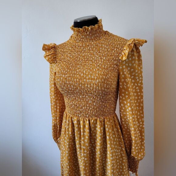 Yellow Floral Maxi Peasant Dress Boho Flounce Flutter Gypsy Hippie Cottagecore S - Picture 3 of 10